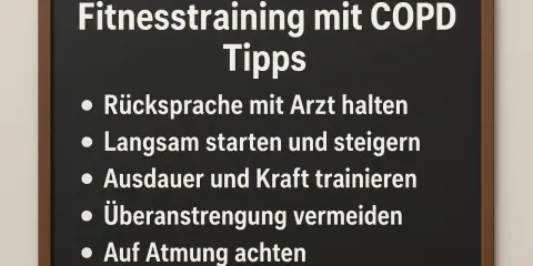 Tipps für COPD-Sport: Arzt konsultieren, langsam starten, Ausdauer & Kraft trainieren, Überanstrengung meiden, auf Atmung achten.