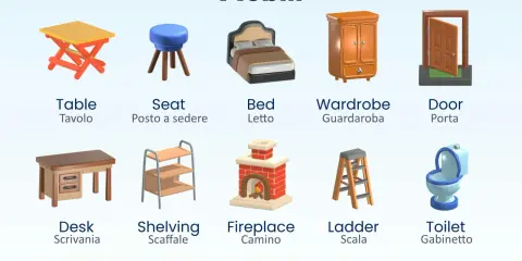 Illustrazione di vari mobili in inglese e italiano: tavolo, posto a sedere, letto, guardaroba, porta, scrivania, scaffale, camino, scala, gabinetto.