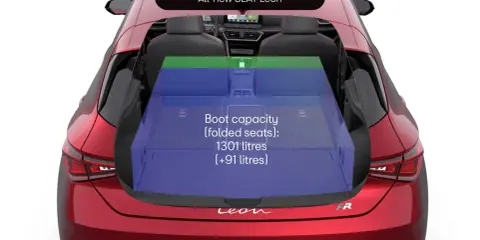 Vista del maletero del SEAT Leon por dentro, mostrando su gran capacidad de carga de 1301 litros con asientos plegados.