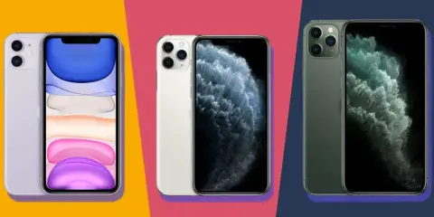 Trzy modele iPhone'ów w różnych kolorach: fioletowym, białym i zielonym. Widać ich tylne aparaty i ekrany. To świetne iphone porownanie.