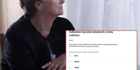 Zamyślona starsza pani analizuje kalkulator renty rodzinnej, zastanawiając się, ile renty po ojcu jej przysługuje.