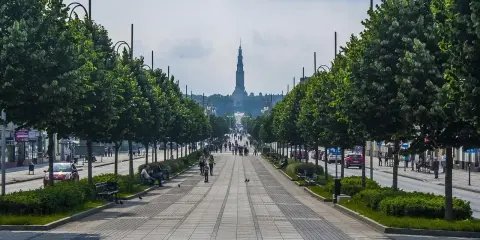 Aleja z drzewami prowadząca do Jasnej Góry. Idealne miejsce na spacer, gdy szukasz częstochowa atrakcje na weekend.