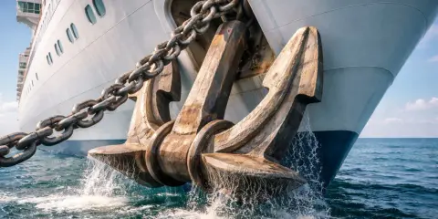 L'ancre massive d'un paquebot émerge de l'eau, ses chaînes rouillées prêtes à sécuriser le géant des mers.