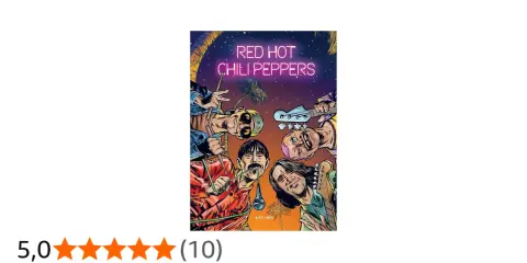 Illustration des Red Hot Chili Peppers, avec le nom du groupe en néon. Les membres sont représentés de manière stylisée, avec des palmiers en arrière-plan.