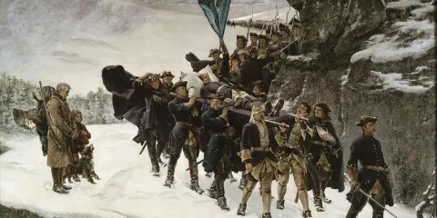 Soldater bär en död kung över snöig mark. En scen som påminner om Sverige Danmark krig.