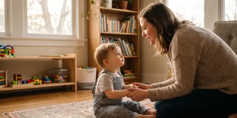 Mama uczy dziecko zasad dobrego wychowania, trzymając je za ręce. W tle regał z książkami i zabawki.