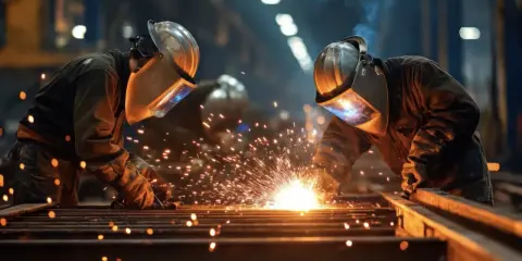 Due operai eseguono saldatura mma in officina, scintille luminose illuminano l'ambiente.