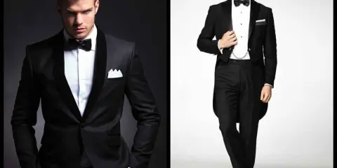 Two men in sharp black cocktail attire. One sports a modern tuxedo with a shawl collar, the other a classic tailcoat.
