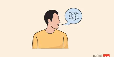Uomo con fumetto pieno di grovigli, simbolo di chi non riesce a parlare bene all'improvviso.