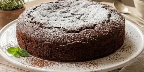 Torta all'acqua al cacao, soffice e golosa, spolverata di zucchero a velo e decorata con menta fresca.