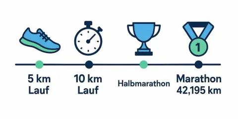 Laufziele: 5 km, 10 km, Halbmarathon, Marathon (42,195 km). Icons zeigen Fortschritt im Marathon Training.