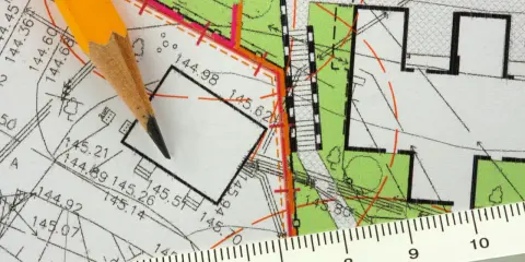 Ołówek i linijka na mapie geodezyjnej. Plan działki z wymiarami, pomocny, jak znaleźć działkę po numerze.