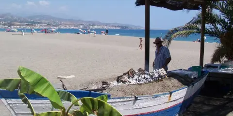 Ein Mann grillt Fisch auf einem Strand in Torre del Mar. Im Hintergrund das Meer und Berge.