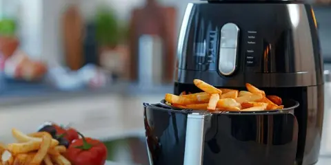 Frytki z frytkownicy beztłuszczowej, idealne do wypróbowania nowych air fryer przepisy. Obok talerz z frytkami, pomidorkami i oliwkami.