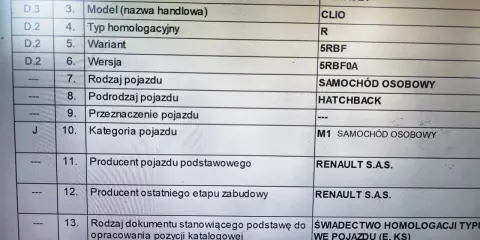 Dokument homologacja M1 dla Renault Clio, z danymi technicznymi i numerem świadectwa homologacji typu WE pojazdu.