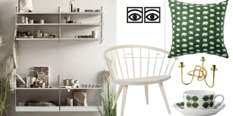 En hylla med inredningsdetaljer, en stol, en kudde med elefantmönster, en ljusstake och en kopp med Berså-mönster. Allt i en stil som andas svenska designklassiker.