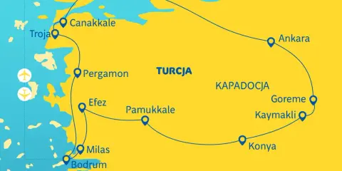 Mapa Turcji z zaznaczonymi miastami i trasą podróży: Stambuł, Ankara, Kapadocja, Pamukkale, Efez, Pergamon, Troja, Canakkale, Milas, Bodrum.