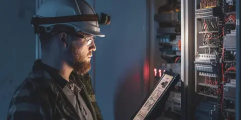 Elektryk w kasku z latarką sprawdza na tablecie schemat instalacji elektrycznej, wykonując pomiary natężenia oświetlenia awaryjnego.