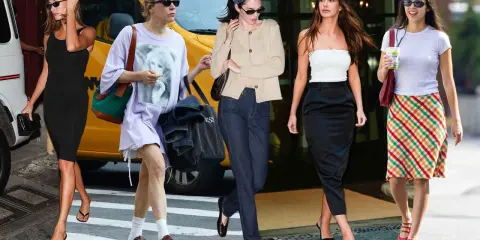 Five women showcase 90s minimalism fashion: a black dress, oversized tee, cardigan with jeans, tube top with a pencil skirt, and a plaid skirt with a white tee.