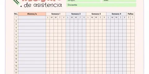 Plantilla para pasar lista infantil, lista de asistencia imprimible para colegios, con casillas para registrar la asistencia semanal de los alumnos.