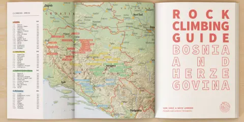 Bośnia i Hercegowina przewodnik: mapa z zaznaczonymi terenami wspinaczkowymi i spisami miejsc.