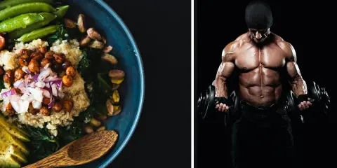 Gesunder Quinoa-Salat und ein Mann mit beeindruckender Muskelmasse, der Hanteln stemmt.