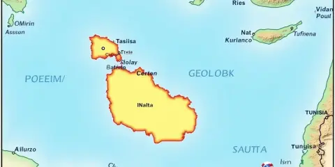 Mapa archipelagu Malta z zaznaczonymi wyspami i okolicznymi lądami.