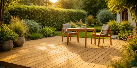 Une belle terrasse en bois, parfaite pour faire une pause au soleil. Deux chaises et une table invitent à la détente dans ce jardin verdoyant.
