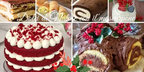Collage di dolci natalizi: tiramisù, cannoli, tronchetto al cioccolato, torta Red Velvet e coppetta con frutti rossi. Un tripudio di sapori, con il mascarpone protagonista.