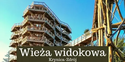 Drewniana wieża widokowa wznosi się ku niebu, oferując spacer ścieżką w koronach drzew.