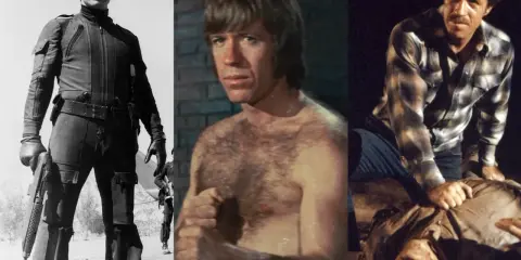 Chuck Norris i tre scener från filmer och tv-program. Han syns i actionkläder med vapen, barbröstad och i en rutig skjorta över en liggande person.