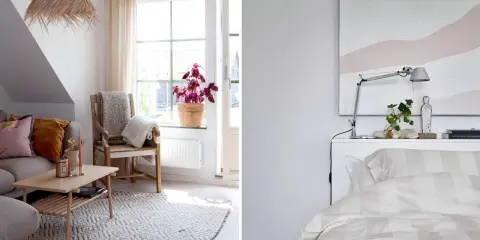 Två rum i rad: ett mysigt vardagsrum med soffa, kaffebord och en stol vid fönstret, samt ett sovrum med säng och konst på väggen.