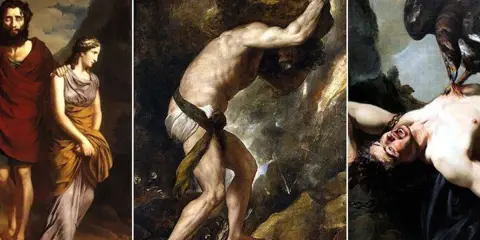 Trois scènes de la mythologie grecque : un couple, Sisyphe poussant son rocher, et un homme torturé par un aigle.