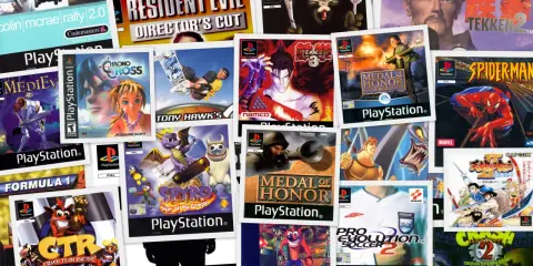 Kolekcja okładek gier na PS1: Crash Team Racing, Spyro, Tekken 3, Medal of Honor, Spider-Man i inne klasyki.