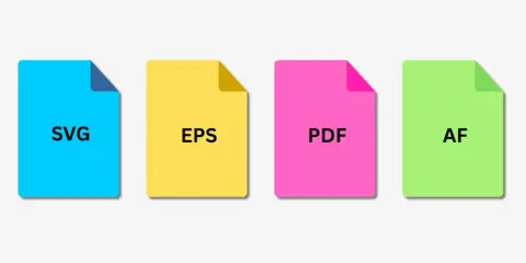 Cuatro iconos de archivos: SVG, EPS, PDF y AF. Cada uno en un color diferente, representando el formato vectorial imagen.