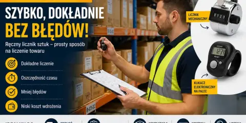 Pracownik magazynu z licznikiem ręcznym i elektronicznym usprawnia inwentaryzację magazynu. Szybko, dokładnie, bez błędów.