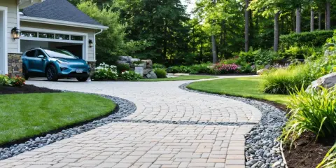 Allée sinueuse en pavés pour le revêtement sol extérieur voiture, bordée de galets et de verdure luxuriante.