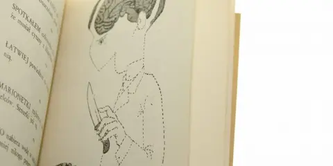 Ilustracja z książki z aforyzmami Jerzego Leca. Widoczny mózg, postać z nożem i tekst.
