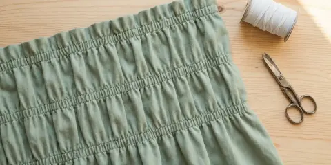 Detalj av en ljusgrön kjol med flera rynkade resårband. En rulle vitt resårband och en sax ligger bredvid på en träyta.