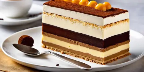 Tranche de tiramisu avec crème fouettée et mascarpone, garnie de billes dorées et de cacao. Un délice multicouche.