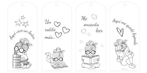 Marcapáginas para colorear con niñas lectoras y frases sobre libros. ¡Perfectos para amantes de la lectura!