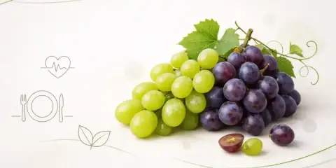 Zielone i fioletowe winogrona, symbolizujące zdrowy tryb życia, pokazują, czy winogrono jest zdrowe.