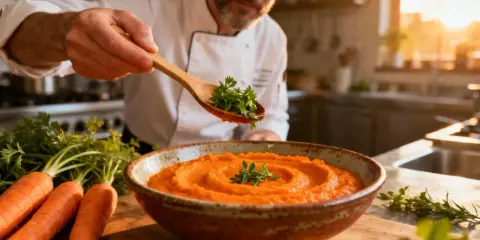 Un chef décore une purée de carotte onctueuse avec des herbes fraîches. Des carottes crues sont disposées à côté.