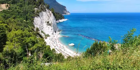 Le splendide spiagge del Conero, con la loro sabbia bianca e il mare cristallino, incorniciate da scogliere a picco e vegetazione lussureggiante.