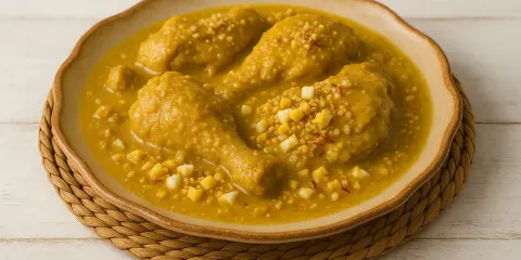 Pollo en pepitoria, un plato tradicional español, servido en un cuenco de cerámica con trozos de huevo duro y hebras de azafrán.
