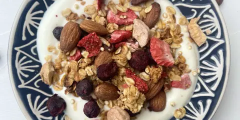 Schüssel mit Joghurt, selbstgemachtem Crunch, Mandeln, gefriergetrockneten Erdbeeren und Blaubeeren.