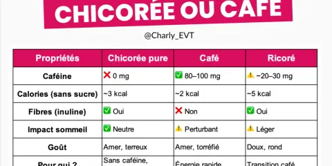 Tableau comparatif : la chicorée pure, sans caféine, est riche en fibres (inuline), idéale pour la digestion. Le café et le ricoré en contiennent aussi.