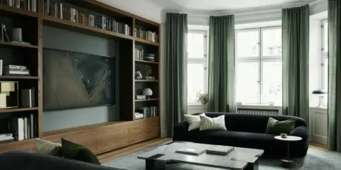 En elegant bokhylla inspiration med mörk träinramning, inbyggd TV och konstverk. Gröna gardiner ramar in fönstren i ett stilrent vardagsrum.