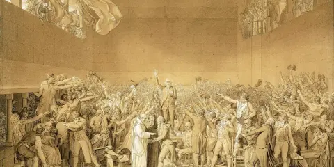 Der Ballhausschwur 1789: Eine Menge von Männern erhebt die Hände in einem Ballhaus, um einen Eid zu schwören.