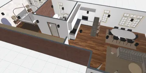 Distribución loft: dormitorio con cama, baño, cocina moderna y salón comedor con mesa ovalada y sofá.